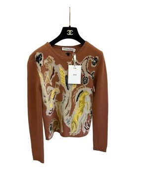 🚩steal authentic Dior Rust Brown Multicolor Intarsia Crewneck Sweater